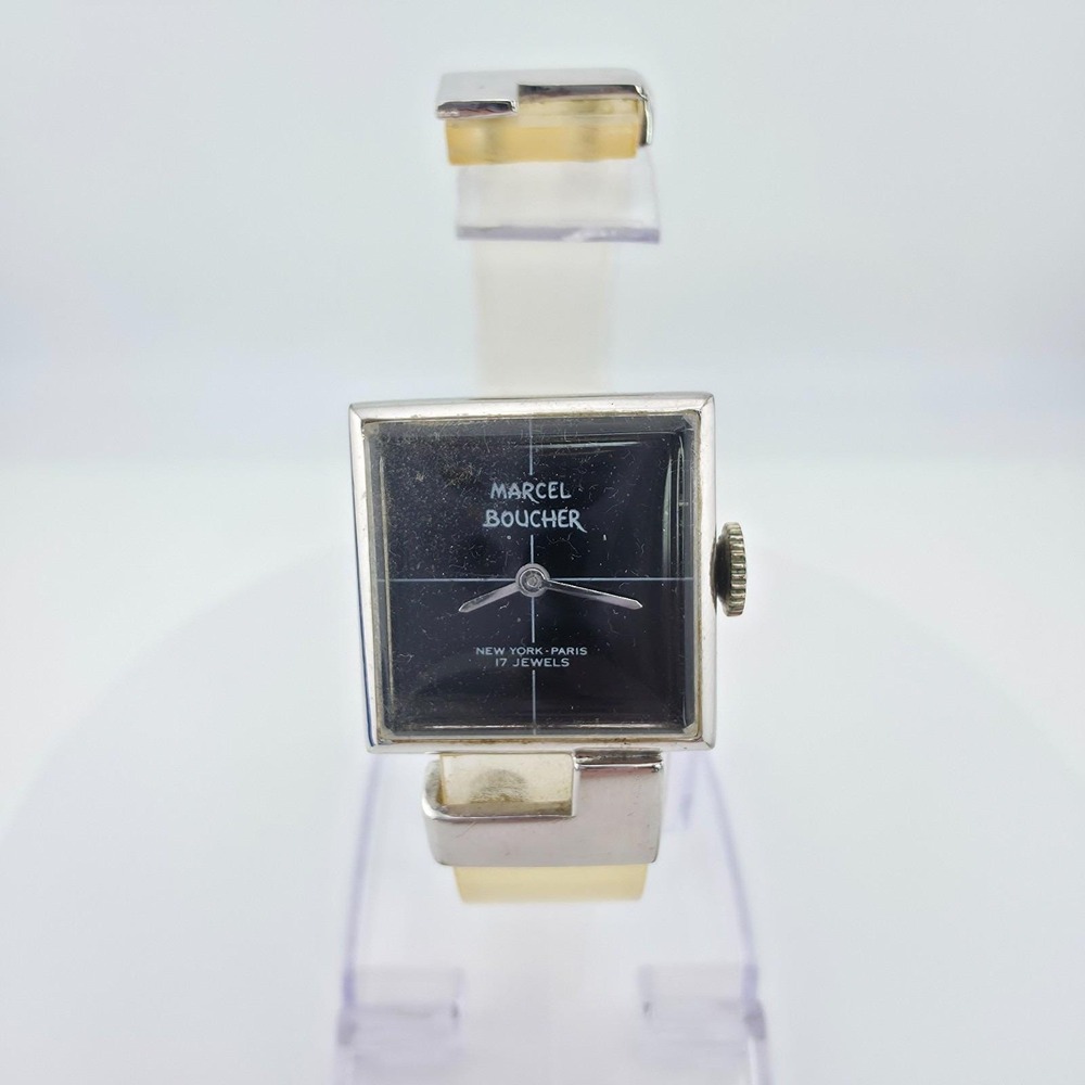 75 Yr Old MARCEL BOUCHER Ladies Watch Swiss Wind-Up 17 Jewels Acrylic Cuff 6.5"